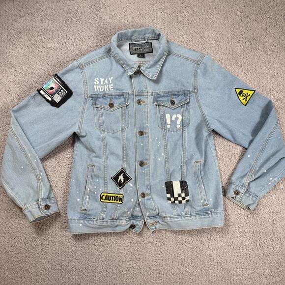 Brooklyn Cloth Denim Jean Jacket Mens L Patch Streetwear Stay Woke Punk Rock Ska